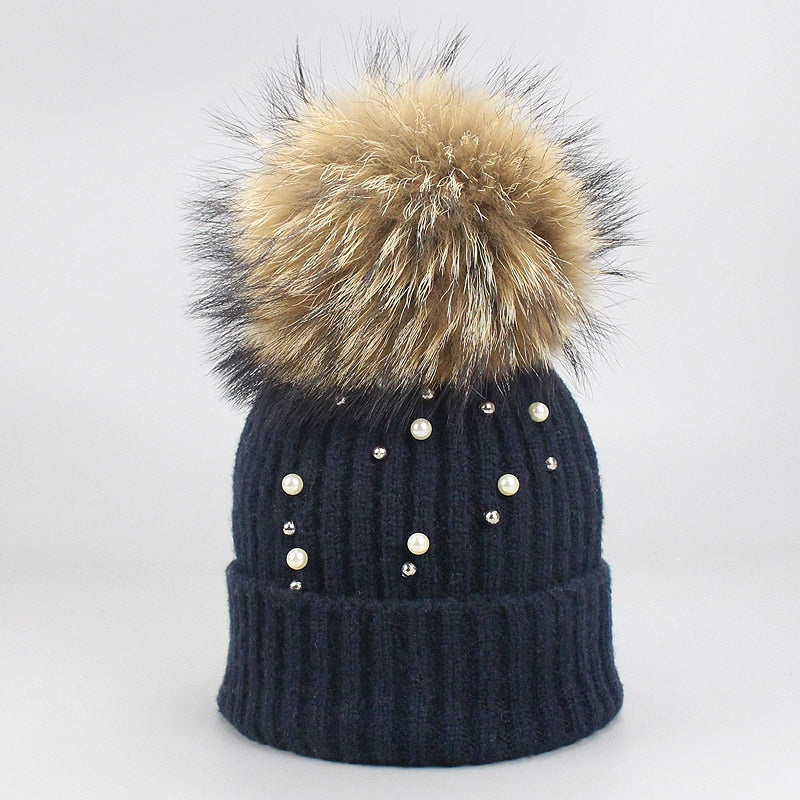 New Wool Beanies Women Real Natural Fur Pom Poms Fashion Pearl Knitted Hat Girls Female Beanie Cap Pompom Winter Hats for Women