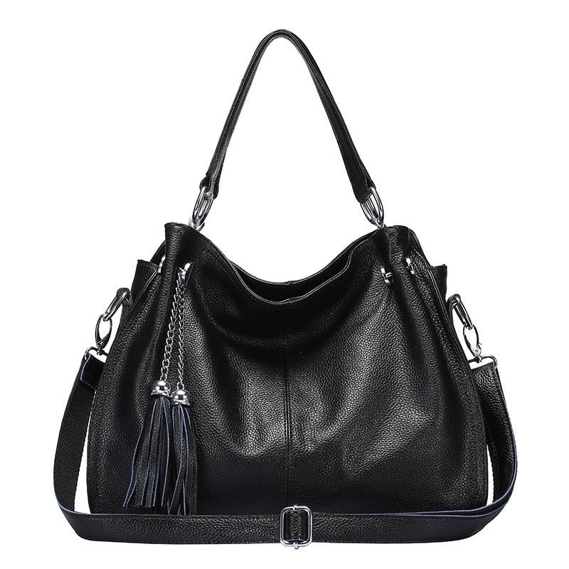Zency Classic Brand Women Shoulder Bag 100% Genuine Leather Fashion Tassel Hobos Handbag Ladies Messenger Crossbody Purse Black