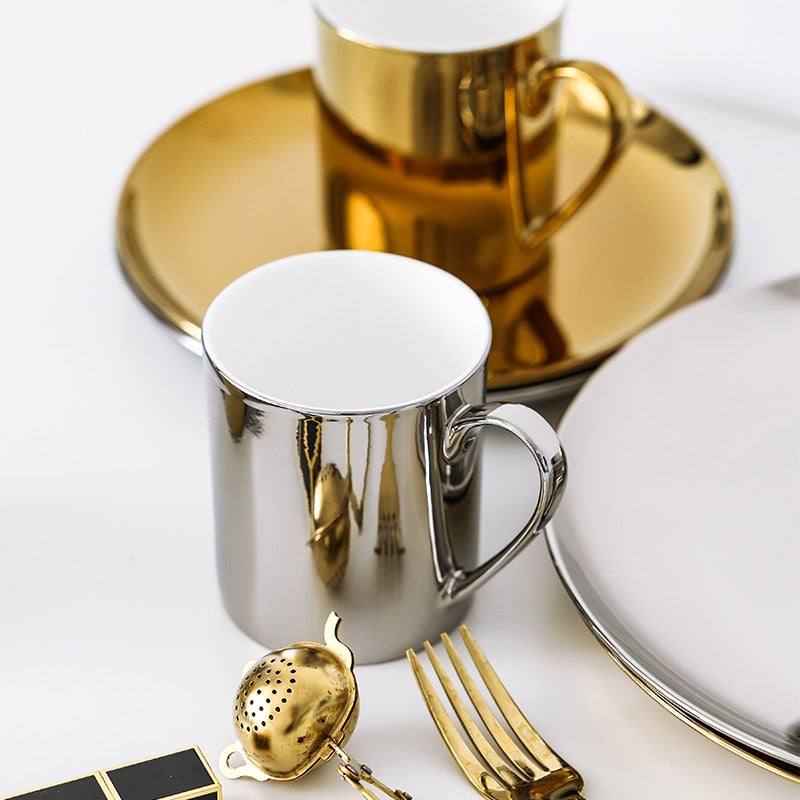 1PC Simple Ceramic Coffee Mug Bone Porcelain Water Cup Dinner Plate Couple Cups Gold Plated Drinkware 8 /10 inch Dessert Plate