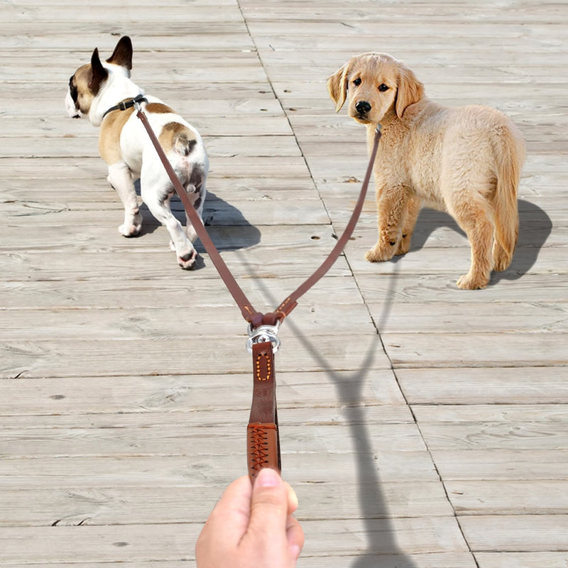 2 Ways Dog Leash Double Two Pet Leather Leads NoTangle Coupler With Handle for Walking and Training 2 Small Medium Dogs