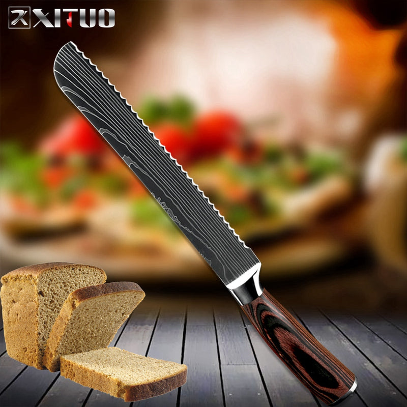 XITUO, cuchillo de Chef de cocina, patrón de Damasco láser, acero inoxidable de alto carbono, antiadherente, Santoku congelado, cuchillo de carnicero para pan kni