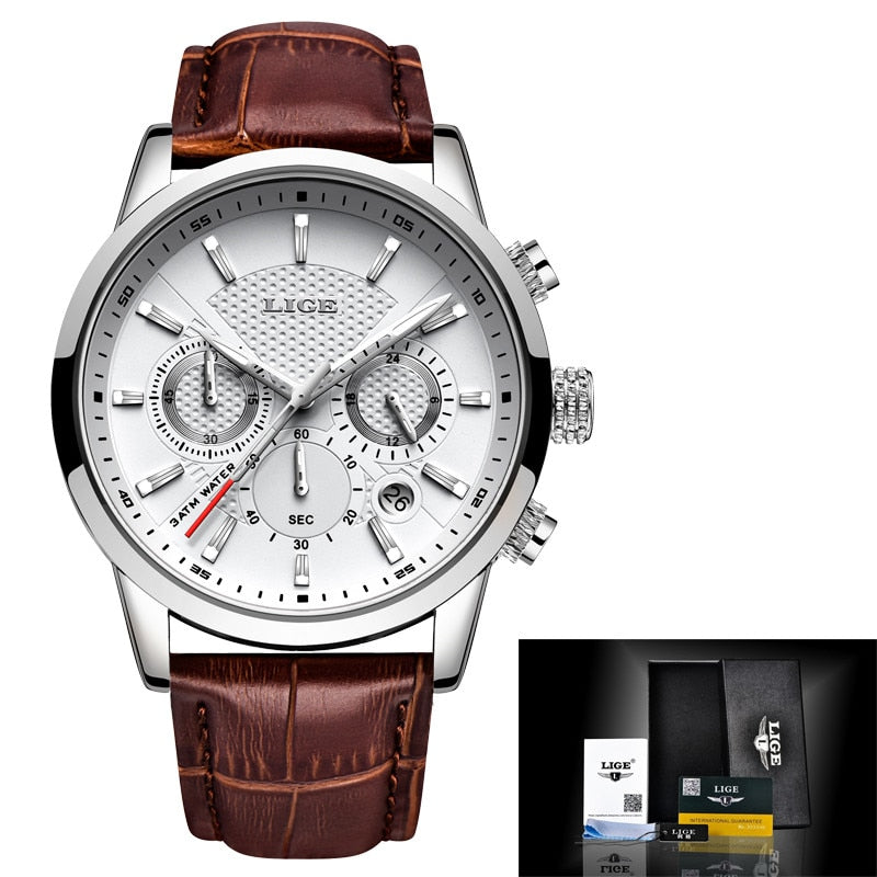 Relogio Masculino Men Watches LIGE Fashion Waterproof Chronograph Top Brand Luxury Quartz Watch Men Casual Leather Sport Watch