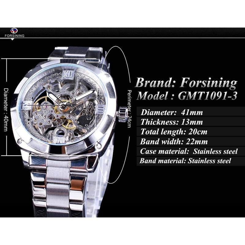 Forsining Silver Watches Folding Clasp with Safety Men&