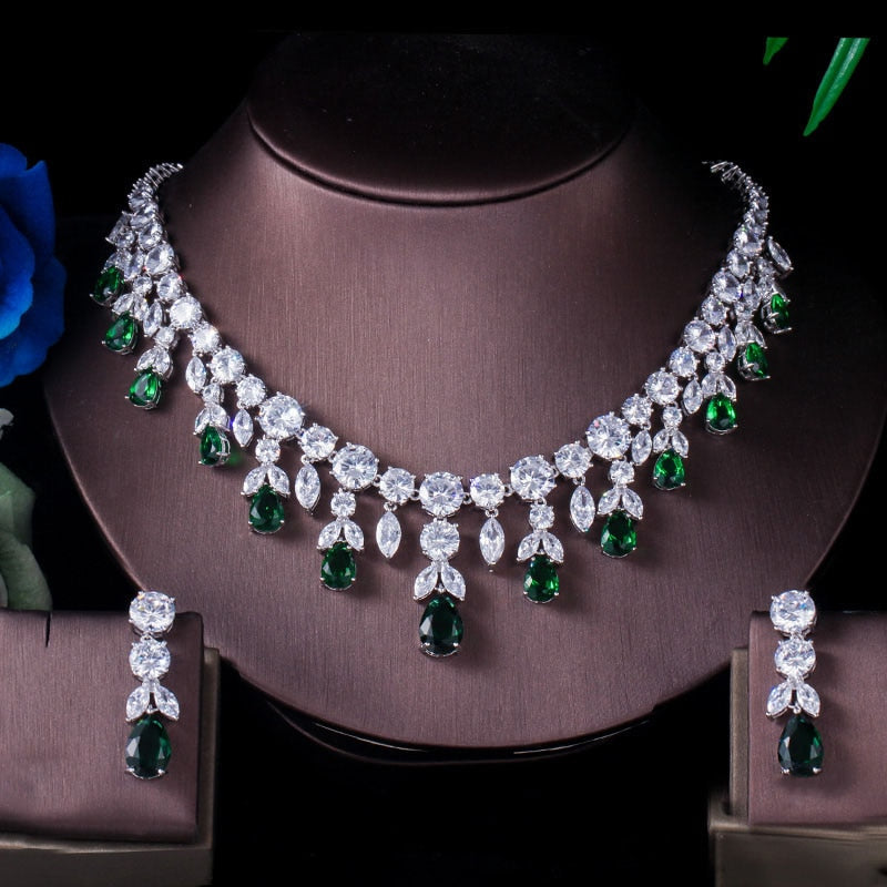 ThreeGraces Luxury Green CZ Stone Earrings Necklace Set Brilliant Big Long Drop Wedding Bridal Dress Jewelry Set for Women JS256