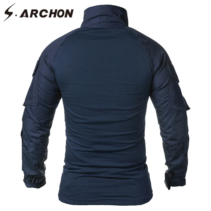 Camiseta de manga larga táctica militar S.ARCHON para hombre, camiseta de combate del ejército de camuflaje sólido azul marino, ropa de Paintball Airsoft