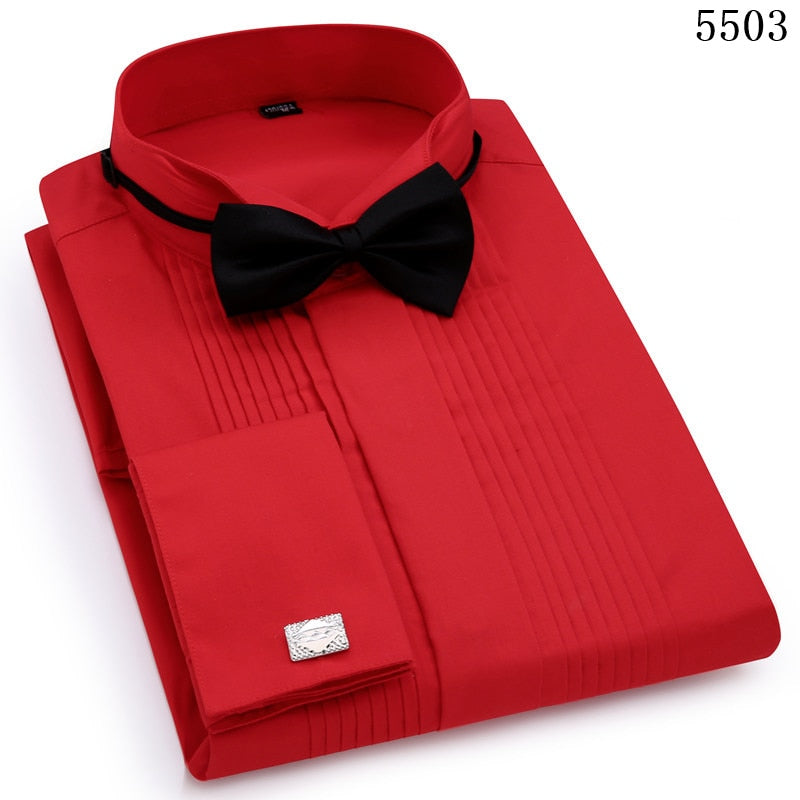 Esmoquin de boda para hombre, camisas de vestir de manga larga, gemelos franceses, pliegue de cola de golondrina, diseño de botones oscuros, camisa de caballero, blanco, rojo y negro