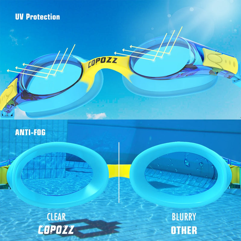 COPOZZ Swimming Goggles Kids Age 3-10 Waterproof Swimming Glasses Clear Anti-fog UV Protection Soft Silicone Frame and Strap