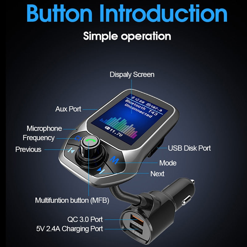 1,8-Zoll-Farbdisplay, Bluetooth-kompatible Freisprecheinrichtung, 3 USB-Anschlüsse, QC3.0, Autoladegerät, FM-Transmitter, Auto-MP3-Musik-Player