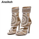 Aneikeh Women Fashion Open Toe Rhinestone Design High Heel Sandals Crystal Ankle Wrap Glitter Diamond Gladiator Black Size 35-42