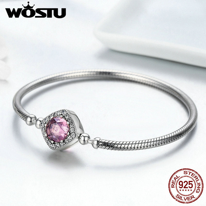 WOSTU Authentic 100% 925 Sterling Silver Cute Cat Glittering CZ Snake Strand Chain Bracelets Bangle for Women Silver Jewelry