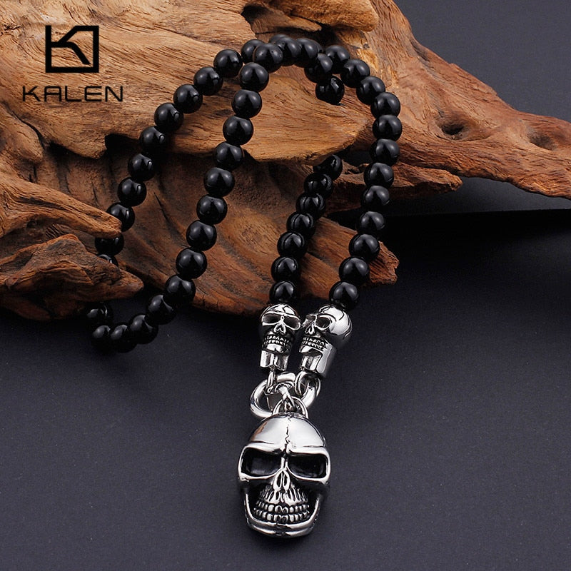 KALEN African Glass Beads 47cm 50cm 60cm 75cm Chain Necklaces Men Punk Stainless Steel Skull Pendant Statement Choker Jewelry