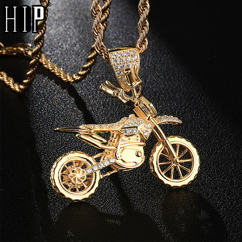 HIP Hop Full AAA Iced Out Bling CZ Cubic Zircon Copper Cool Motorcycle Pendants &amp; Necklaces For Men Jewelry Wholesale