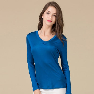 SuyaDream Damen T-Shirt Naturseide Lange Ärmel V-Ausschnitt Solides Basic Shirt Rosa Blau Lila Bottoming Top