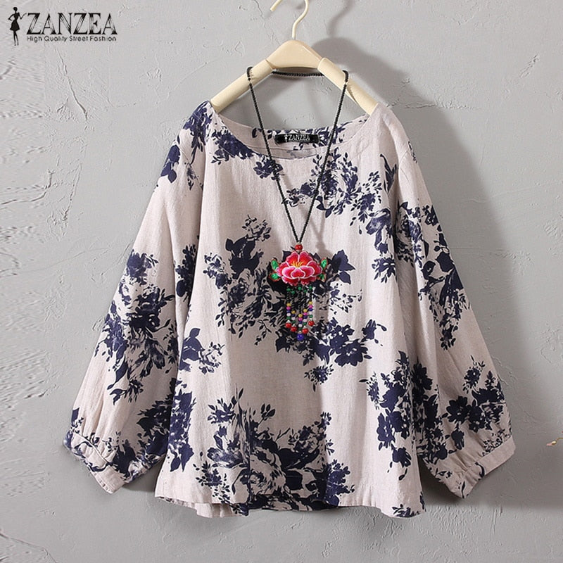 ZANZEA 2022 Autumn Women Casual Long Sleeve Vintage Floral Printed Blouse Loose Retro Shirt Cotton Linen Top Party Work Blusas