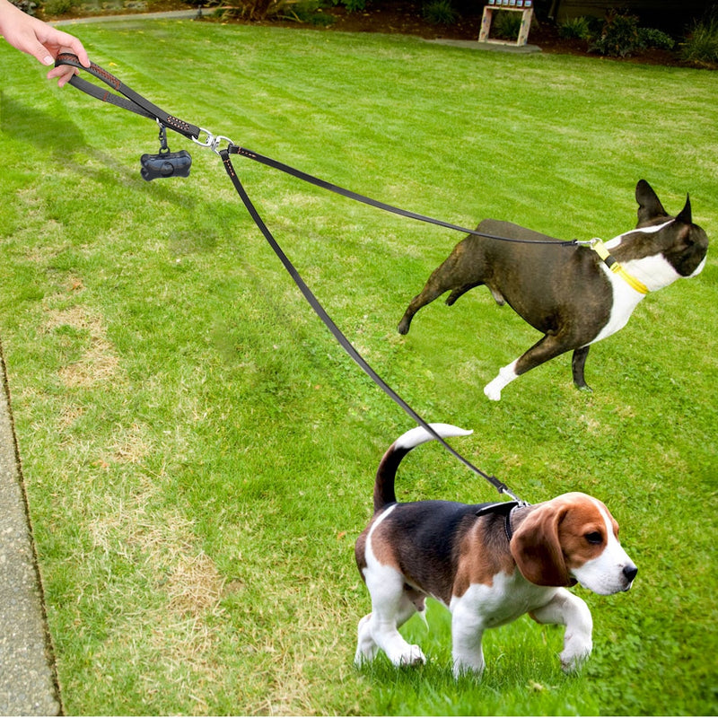 Correa para perro de 2 vías, doble correa de cuero para mascotas, acoplador sin enredos con asa para caminar y entrenar a 2 perros pequeños y medianos