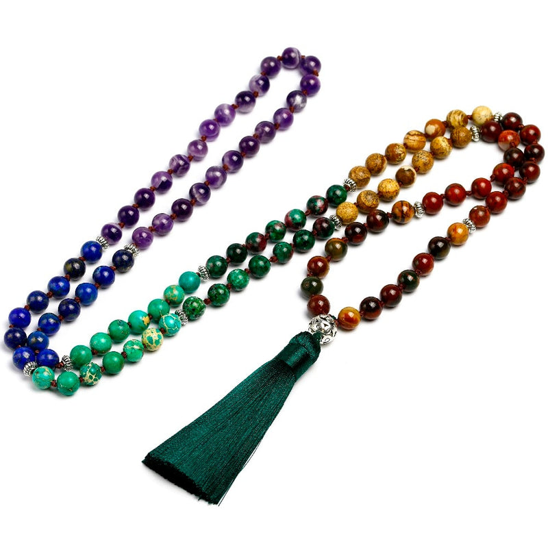 7 Chakra Mala 108 Perlen Naturstein Lange Quaste Halskette Frauen Meditation Halskette Geknotete Perle Yoga Halsketten Schmuck