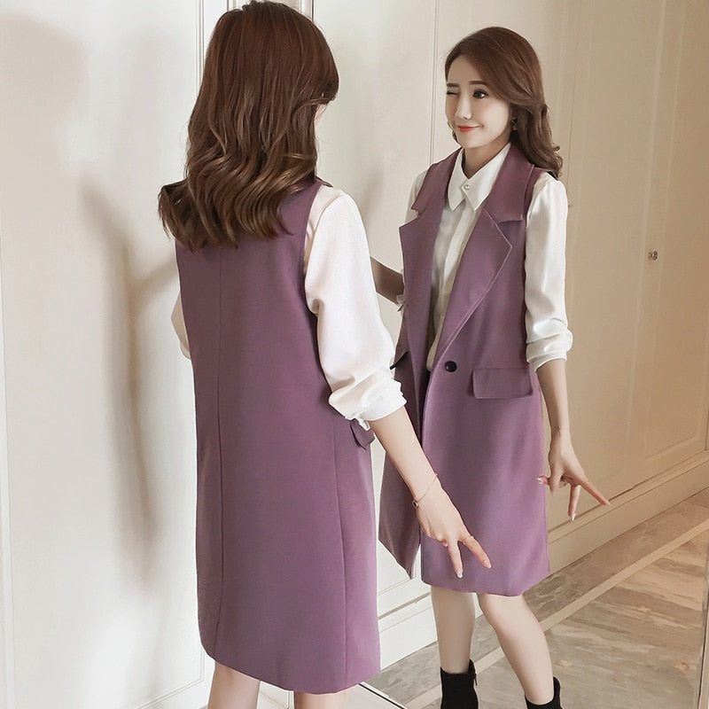 ¡Novedad de 2022! Chaleco morado elegante de primavera para mujer, chaqueta coreana larga sin mangas para mujer de oficina, abrigo negro ajustado a la moda para mujer, chaleco para mujer