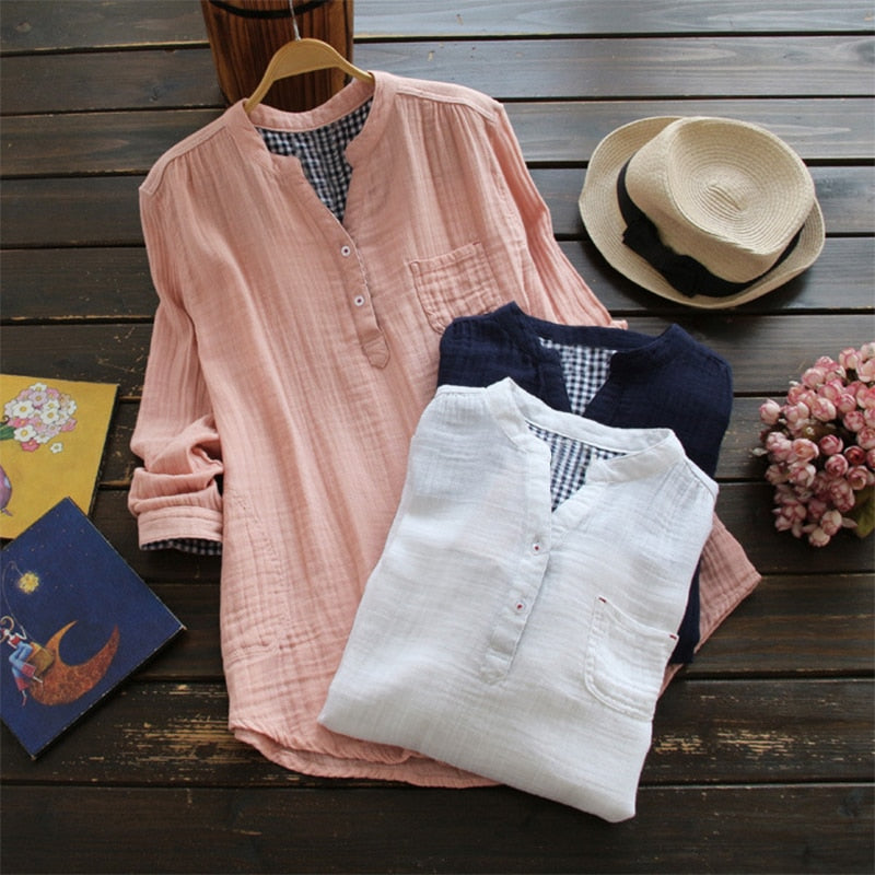 2022  ZANZEA Women Cotton Blouse Solid V Neck Long Sleeve Buttons Pockets Autumn Feminina Blusas Summer Loose Shirt