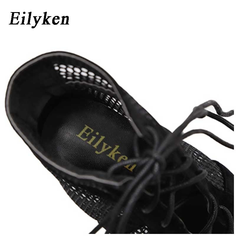 Eilyken 2023 Fashion Black Summer Sandals Lace Up Cross-tied Peep Toe High Heel Ankle Strap Net Surface Hollow Out Shoes