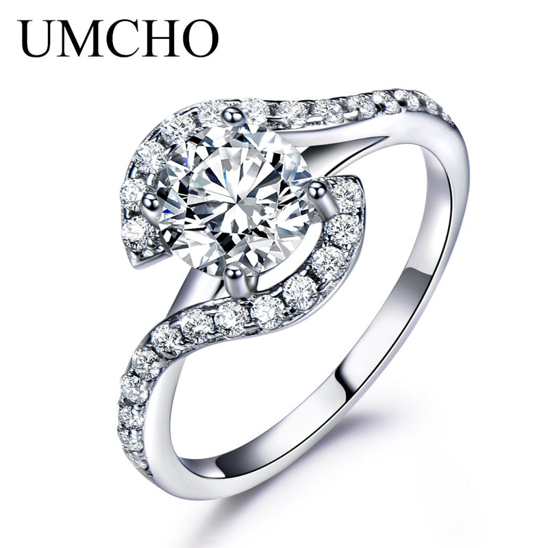 UMCHO Real 925 Sterling Silver Rings For Women Classic Round Created Sky Blue Topaz Gemstone Wedding Valentine&