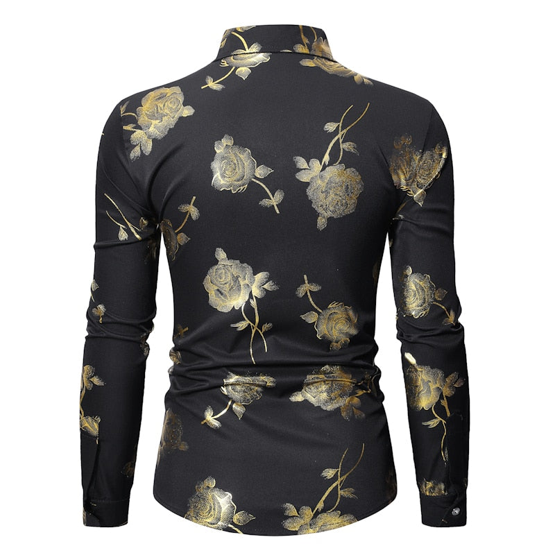 Camisas con estampado floral de rosas doradas para hombre Marca Floral Steampunk Chemise Blanco Manga larga Fiesta de bodas Bronceado Camisa Masculina