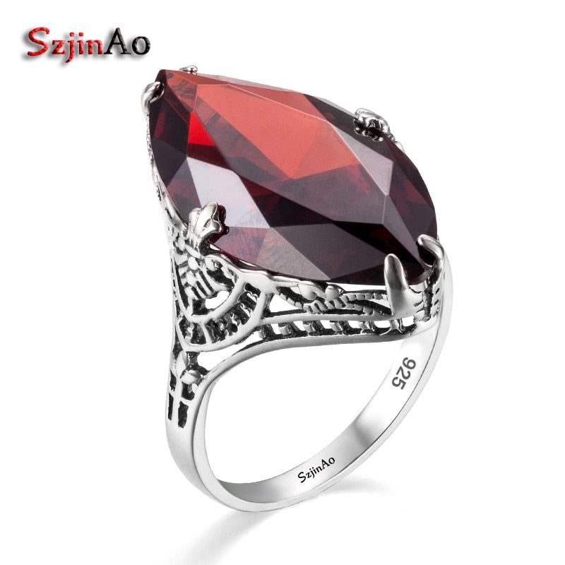 Szjinao Vintage Real 925 Plata de Ley 14*26mm granate piedra preciosa marquesina anillo para mujer compromiso de boda joyería de marca famosa