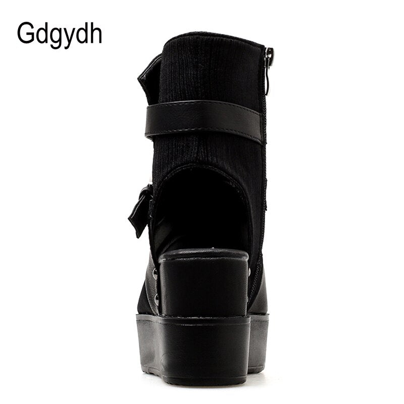 Gdgydh Black Women Ankle Boots Spring Autumn Peep Toe Flat Heel Boots For Female Buckle Platform Wedges Shoes Summer Comfortable