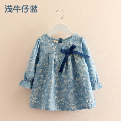 2021 Spring Autumn 2-10T Years Child Kids Birthday Gift O Neck Long-Sleeve Flower Print Denim Blue Colour Bow Cute Girls Shirt