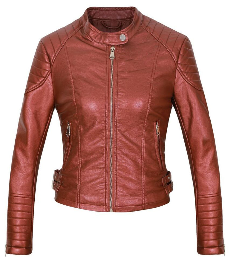 2021 Mode Damen Elegant Reißverschluss Kunstleder Bikerjacke in Braun Schwarz Schlank Damen Mantel Casual Marke Motorrad Ledermantel