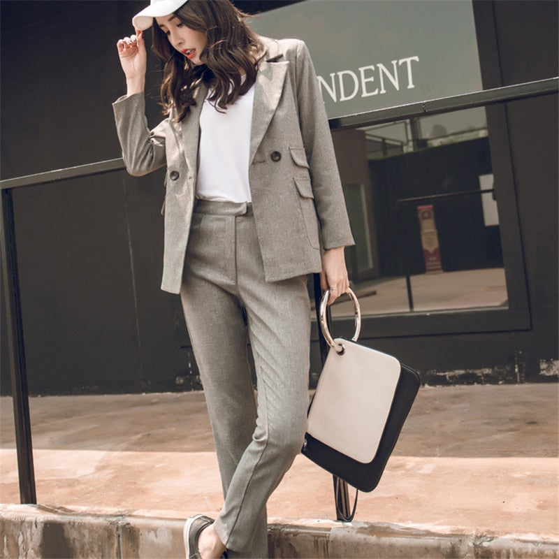 BGTEEVER Women Trousers Suit Casual Buttons Jacket & High Waist Pencil Pant Female 2 Pieces Blazer Set Elegant Pant Suit Women