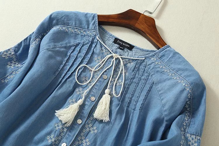 Ethnische Stickerei Denim Kleider Frauen Handgelenk Ärmel O-Ausschnitt Casual Shirt Kleid Frühling 2021 Plus Size Vestido Jeans Feminino