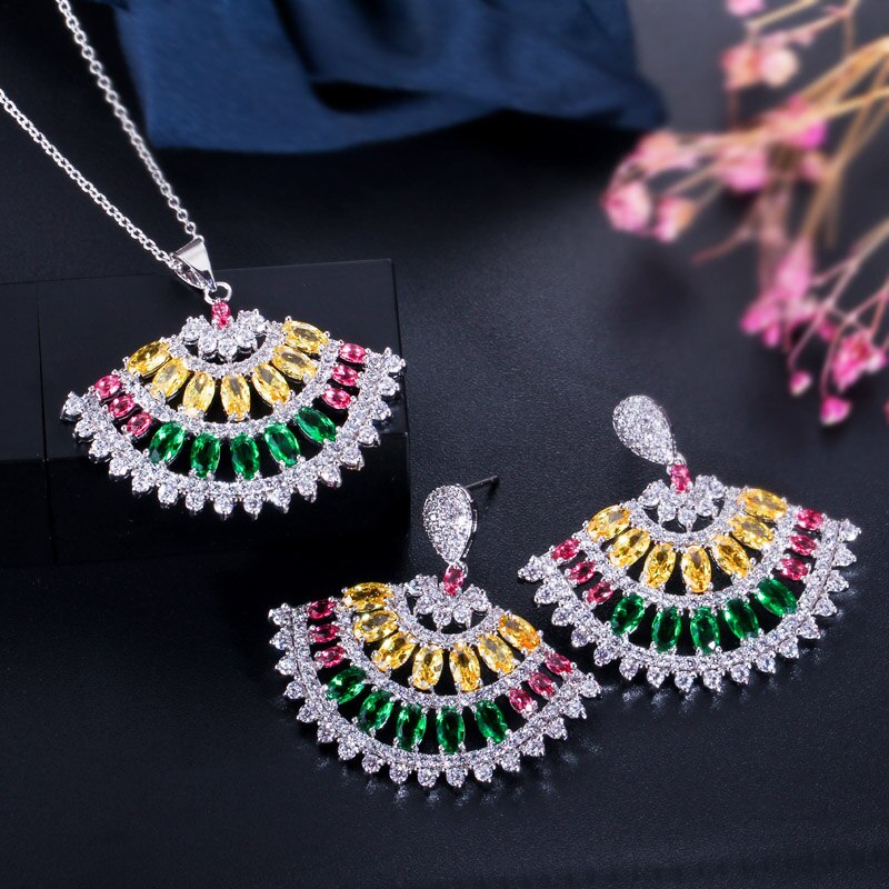 CWWZircons Multi Yellow Green Color Cubic Zirconia Crystal Elegant Spike Fan Necklace and Earrings Women Brand Jewelry Sets T340