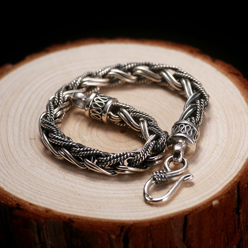 Pulsera trenzada de cuerda de plata 925 para hombre, pulsera de plata de ley 100% Vintage tailandesa a la moda Punk, brazalete, joyería hecha a mano para hombre