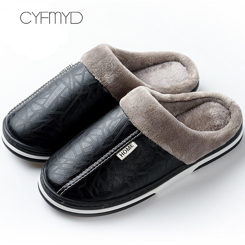 Men slippers leather Home slippers for men Waterproof Warm House slippers Male Fur Slippers Couple Platform Fluffy Big Size 50