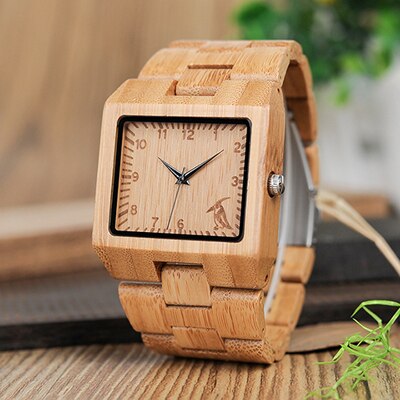 Relojes BOBO BIRD de madera de bambú para hombre, relojes de marca de lujo de diseño rectangular, reloj de banda de madera para hombre