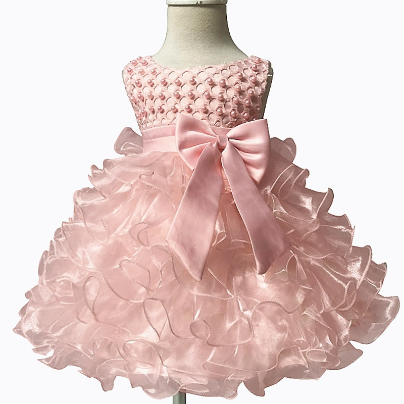 Tutu Beading Flower Baby Girl Dress For Wedding Party Sleeveless Infant Baby Dresses For 1st Birthday Toddler Baptism Clothes