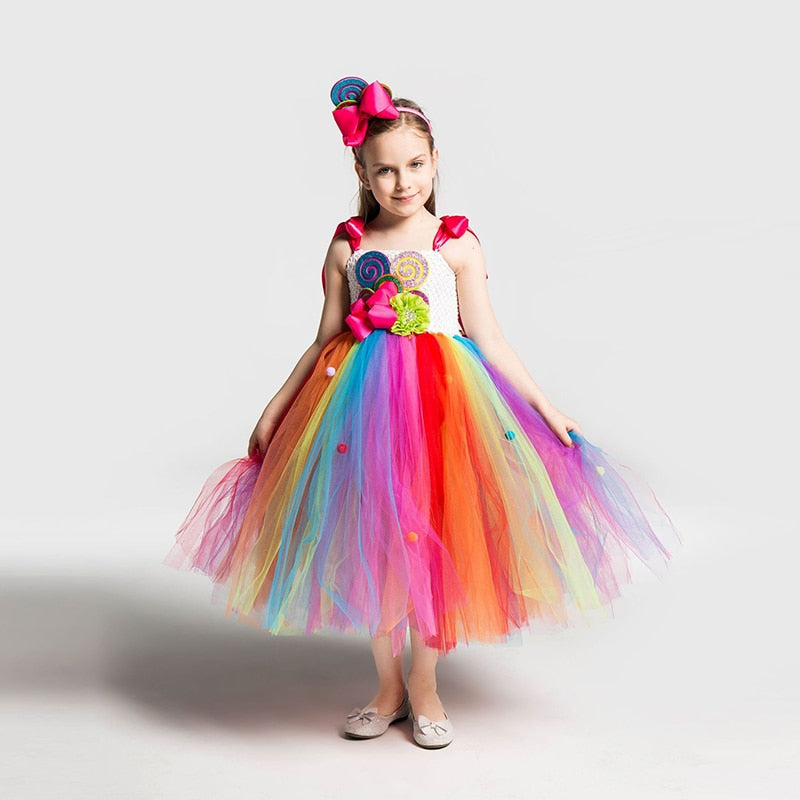 Girls Rainbow Candy Dress Kids Lollipop Modeling Frock Baby Girl Performance Costumes Summer Children Birthday Party Clothes