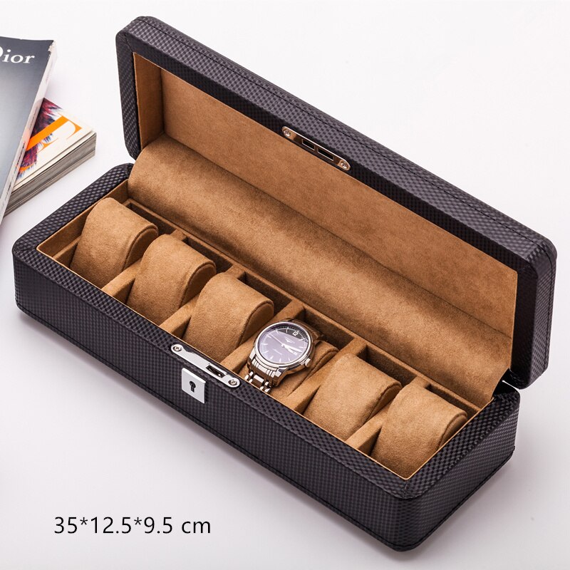 Caja de reloj de cuero con 3/6/12 ranuras, caja de almacenamiento de reloj negra, organizador con cerradura, caja de reloj de carbono de lujo para hombres, cajas de regalo