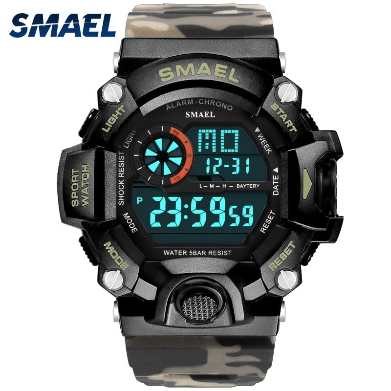 Herrenuhr 50m Wasserdicht SMAEL Luxusuhr Herren LED Leuchtende Uhren Camouflage Uhrenarmband 1385C Digitale Armbanduhren Militär