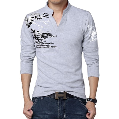 Hot Sale 2022 New Autumn Men's T Shirt Fashion Flower Print V Neck Long Sleeve T Shirt Mens Clothes Trend Casual Top Tee Men 5XL
