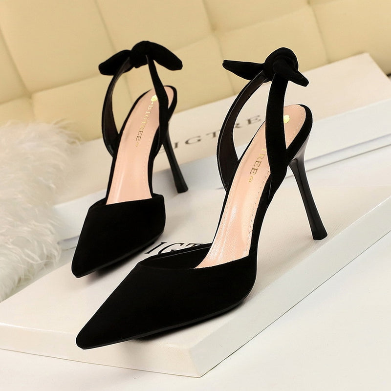 Korean fashion slim heel, super high heel, suede, shallow, pointed, hollowed-out, small bow-tied sandals