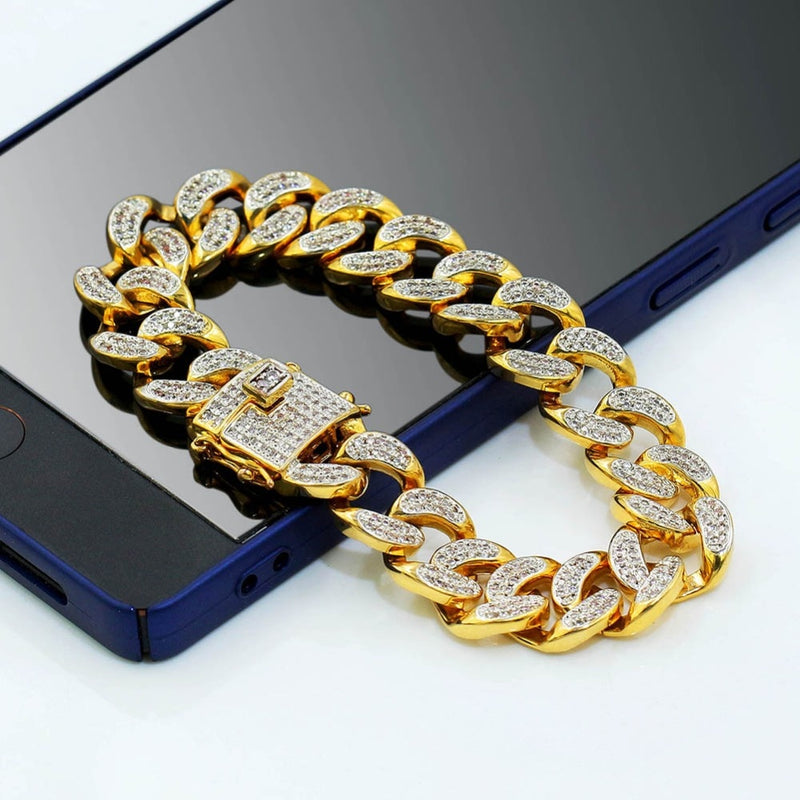 TOPGRILLZ Hip Hop Rock Jewelry Gold Color Plated Cuban Chain Micro Pave CZ Stones Bracelet 8 Inch Length Beacelets For Men