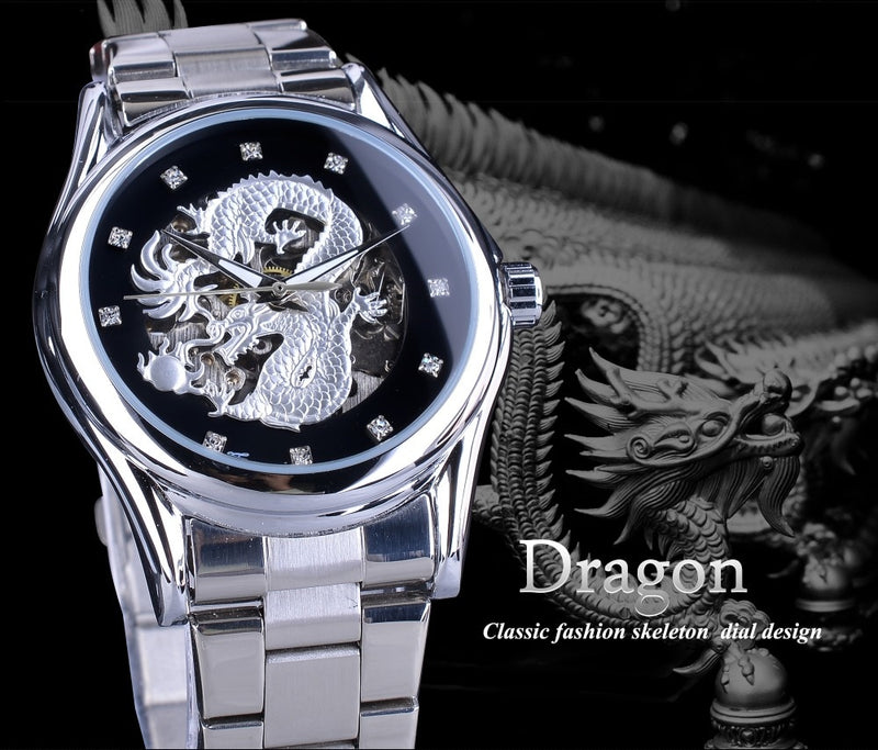 Forsining Classic Dragon Design Silver Acero inoxidable Diamond Display Hombres Relojes de pulsera automáticos Top Brand Luxury Montre Homme