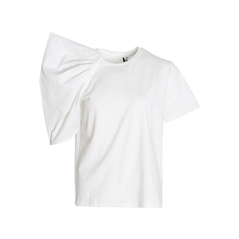 TWOTWINSTYLE Damen T-Shirts Puff Kurzarm O-Ausschnitt Patchwork Asymmetrische Tops Damen Sommer Lässig 2020 Mode Kleidung