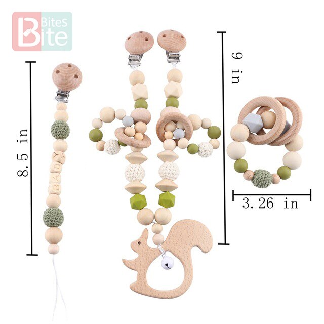 Bite Bites 1set Baby Holz Beißring Schnuller Clip Kette Buche Nagetier Ring Baby Nursing Rassel Lebensmittelqualität Perle Silikon Perle Spielzeug