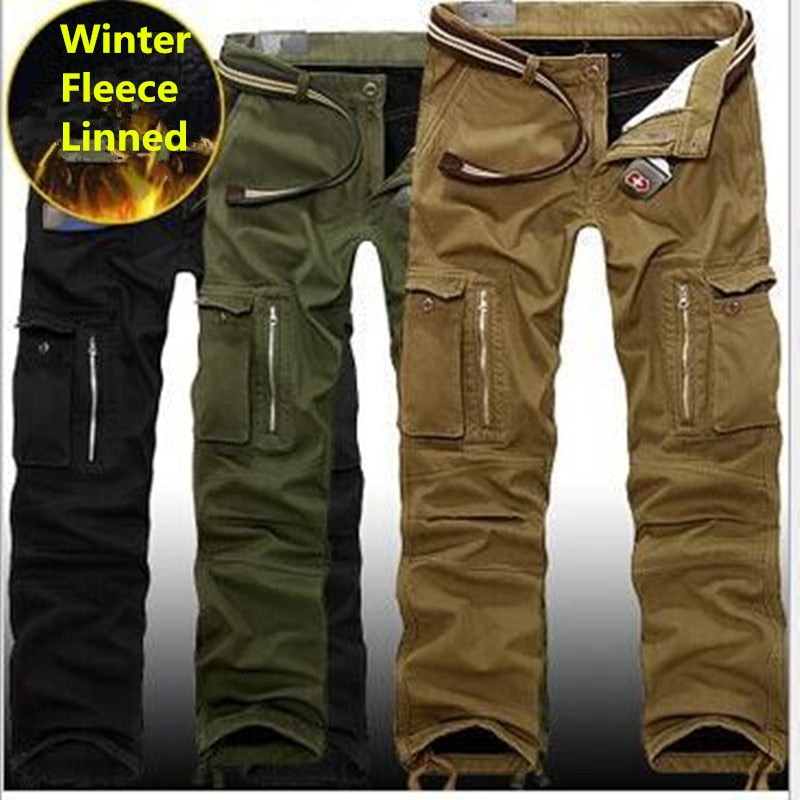 29-40 Plus size Men Cargo Pants Winter Thick Warm Pants Full Length Multi Pocket Casual Military Baggy Tactical Trousers