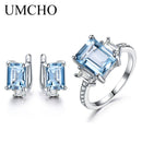 UMCHO 925 Sterling Silver Jewelry Sets for Women Gemstone Sky Blue Topaz Ring Clip Earrings Female Wedding Engagement Jewelry