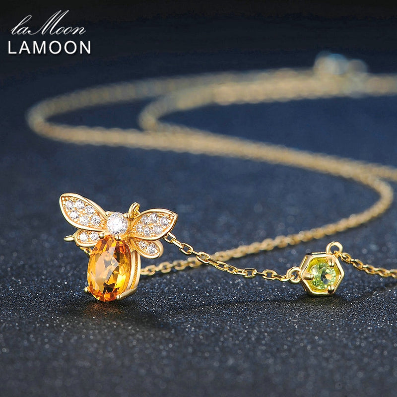 LAMOON Bee 925 Sterling Silver Necklace Natural Citrine Gemstone Necklaces 14K Real Gold Plated Chain Pendant Jewelry LMNI015