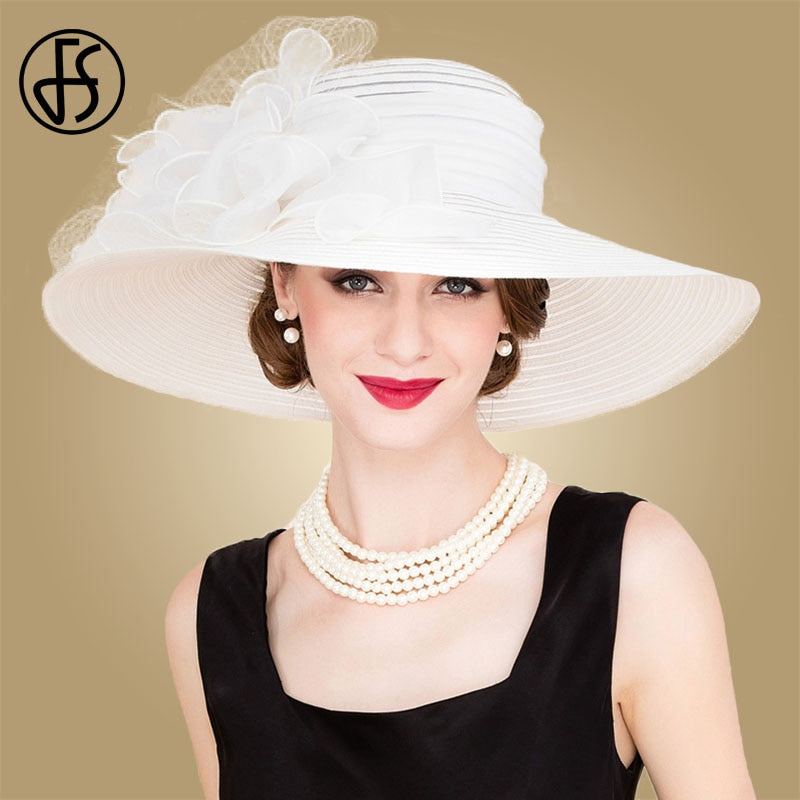 FS negro blanco elegante mujer iglesia sombreros para damas flores ala grande Organza sombrero playa sol Kentucky Derby sombrero Fedora