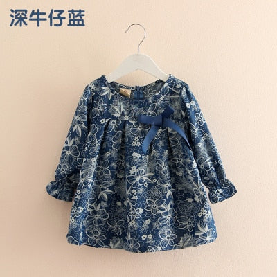 2021 Spring Autumn 2-10T Years Child Kids Birthday Gift O Neck Long-Sleeve Flower Print Denim Blue Colour Bow Cute Girls Shirt